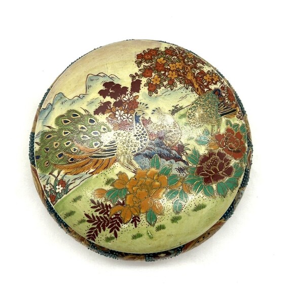 Asian Bowl w/ Lid Of Three Peacocks And Floral Outlined In Gold Color. GARF1-2 - Picture 2 of 6